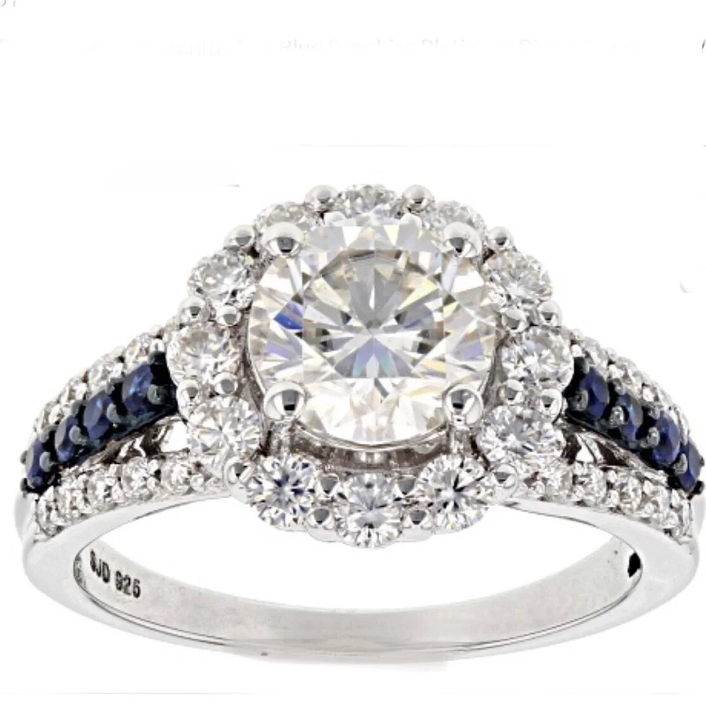 Moissanite Ring Blue Sapphire Platineve Halo Size 6
